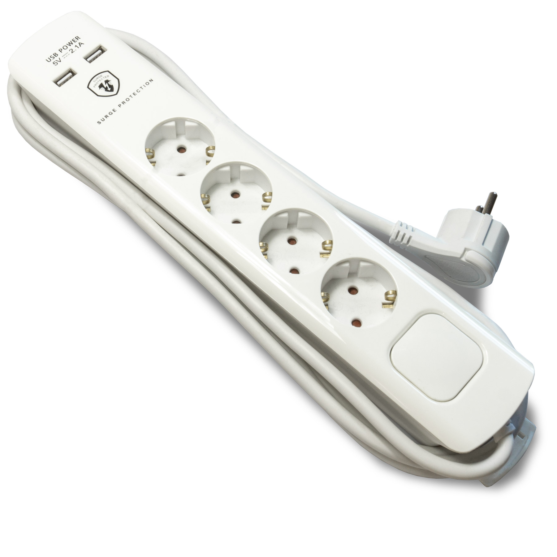 Weiße Steckdosenleiste mit drei Steckdosen und zwei USB-Anschlüssen. Weißes Kabel und Stecker.
