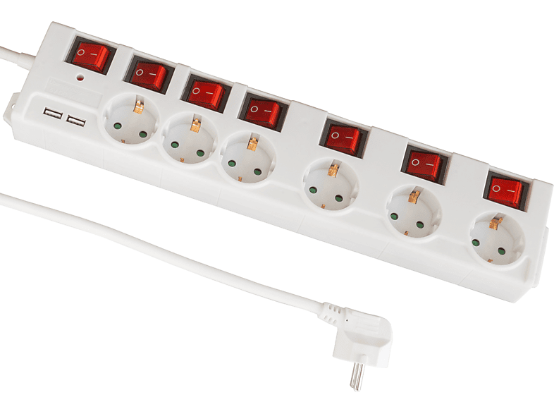FEINTECH MD000652 Steckdosenleiste 6Fach Einzeln Schaltbar mit Überspannungsschutz, 2x USBA