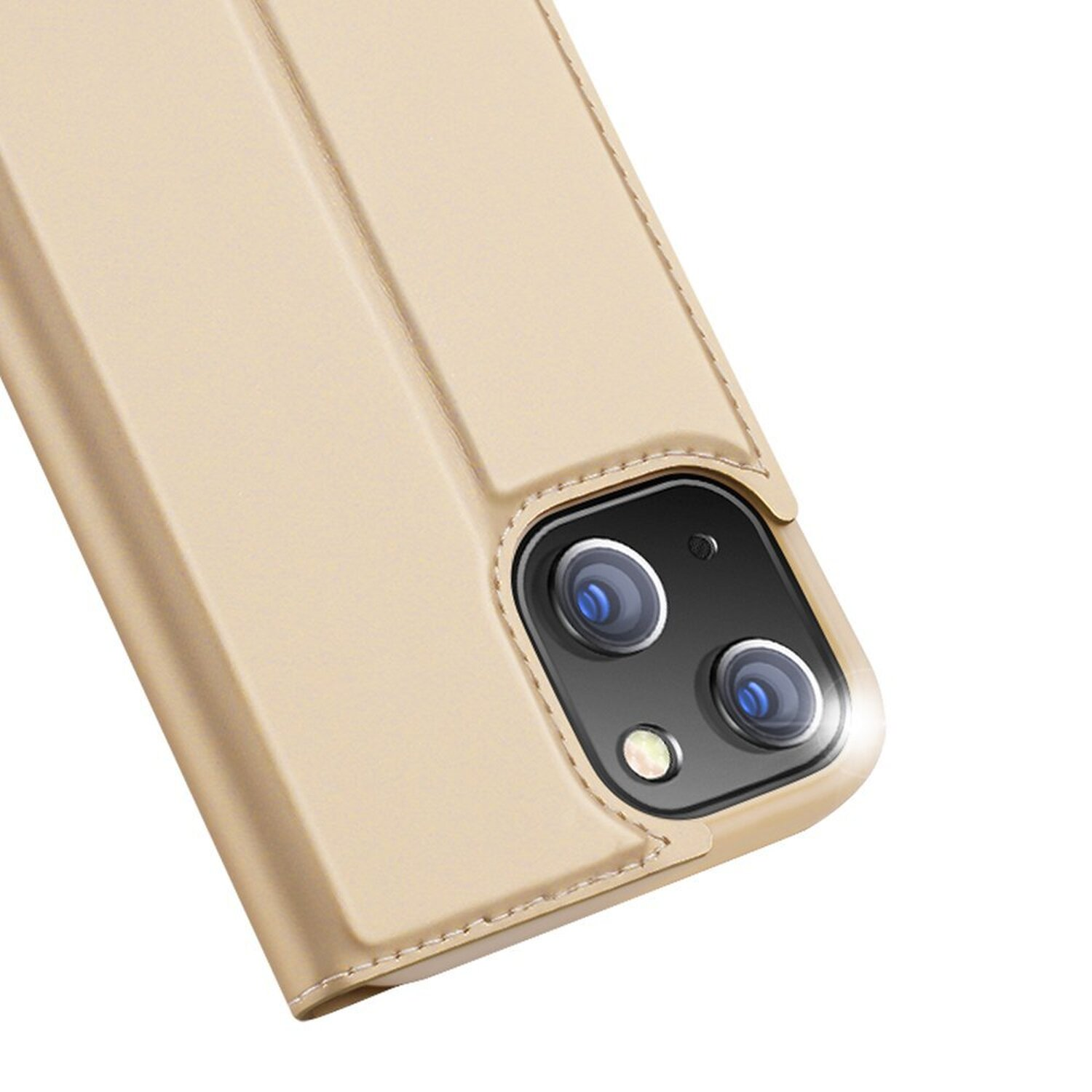 Nahaufnahme einer Handyhülle mit Ausschnitt für eine Dual-Objektiv-Kamera. Die Hülle ist goldfarben, das Telefon schwarz.