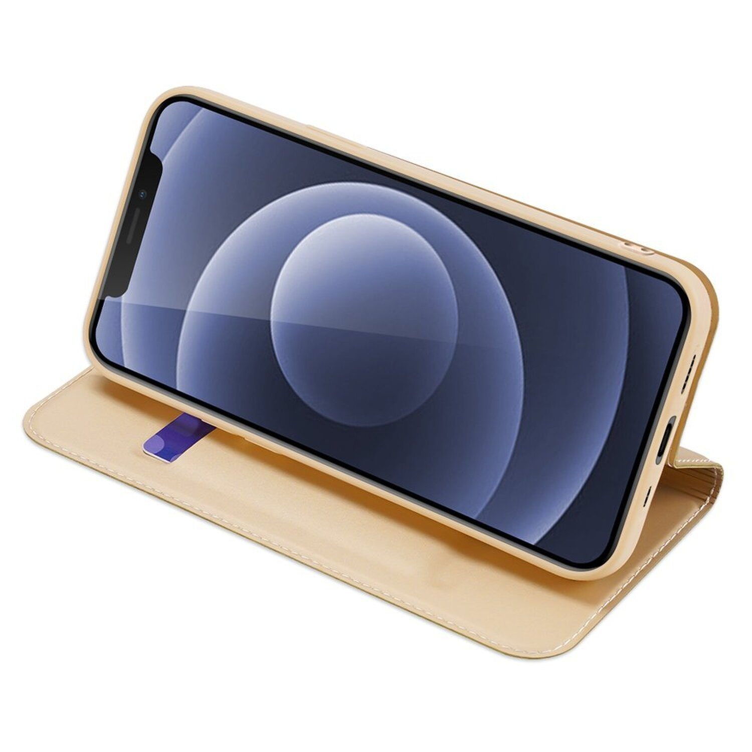 Goldene Handyhülle mit Telefon. Weißer Hintergrund.