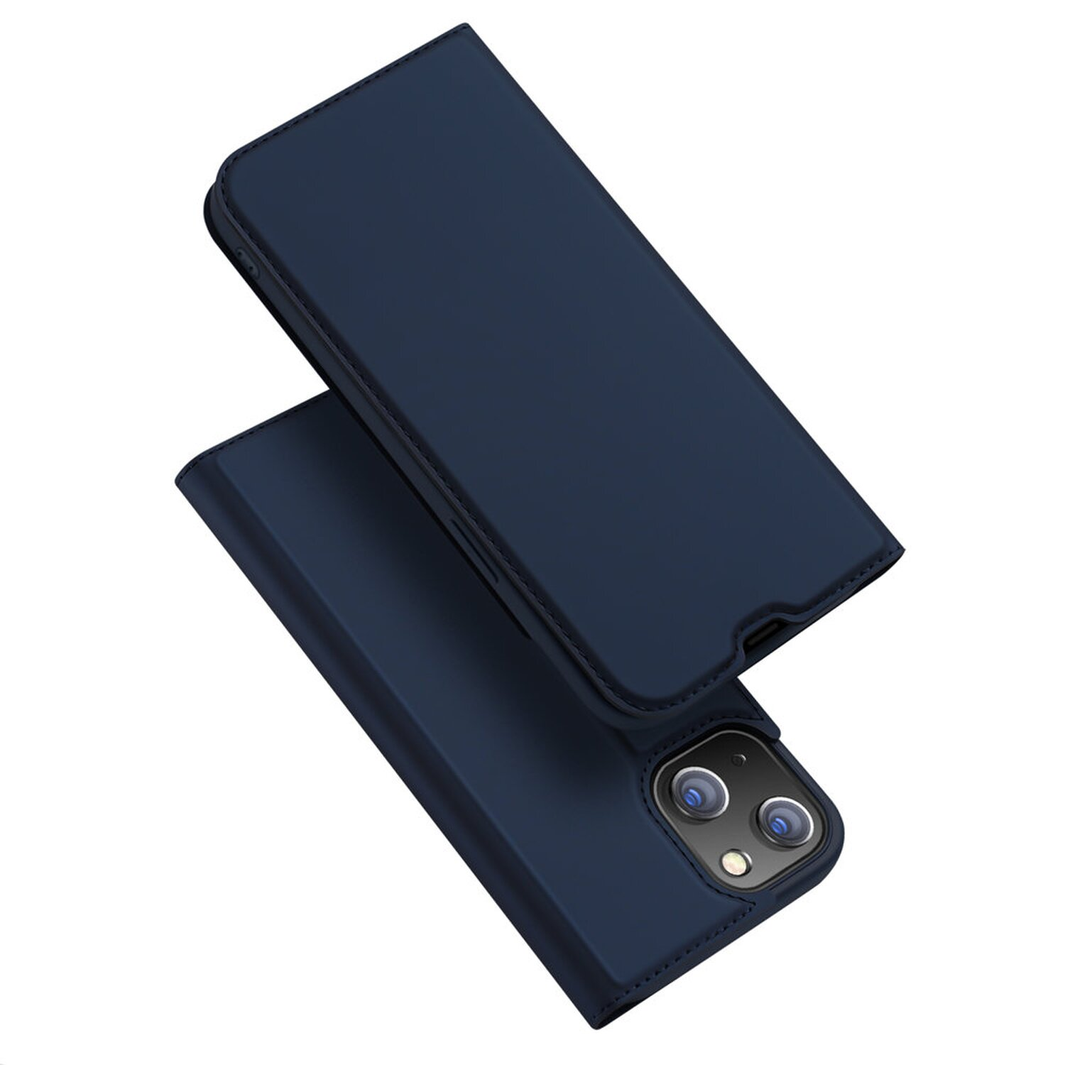Blaue Leder-Handyhülle, offen, zeigt das Telefon im Inneren.