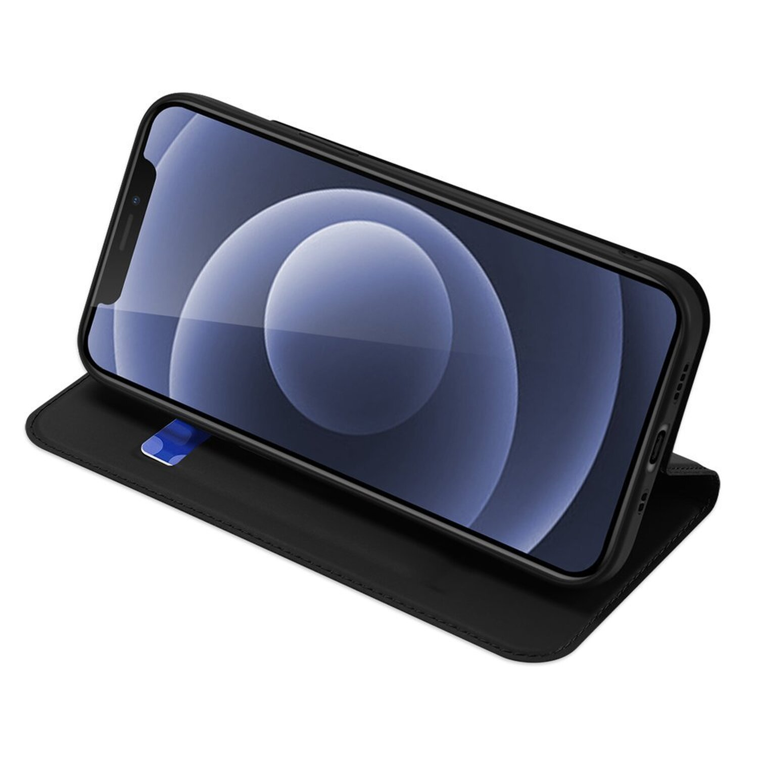 Schwarze Smartphone-Hülle. Ein Telefon wird im Inneren angezeigt. Die Hülle ist offen.