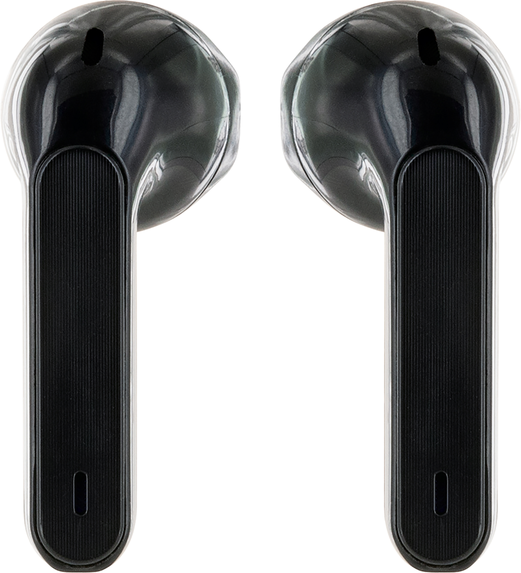 Zwei schwarze kabellose Ohrhörer mit langem Stiel vor weißem Hintergrund. Das Design wirkt elegant.