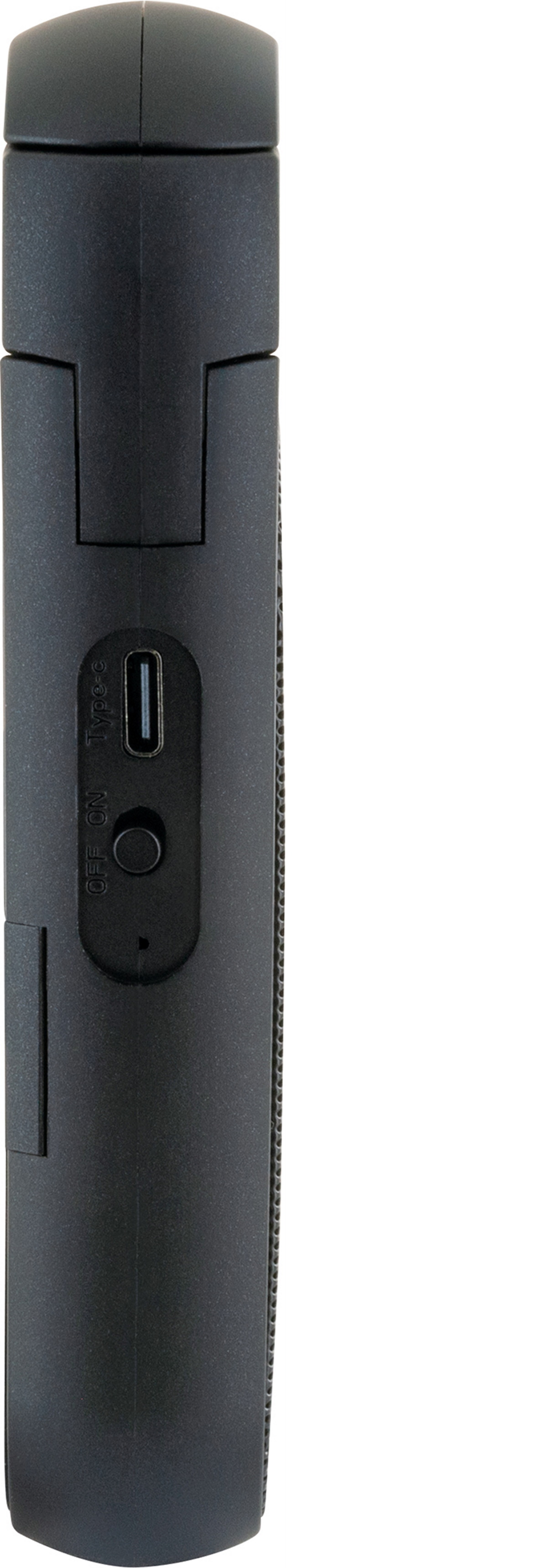 Schwarzes, schlankes Gerät mit USB- und Power-Tasten. Seitenansicht.