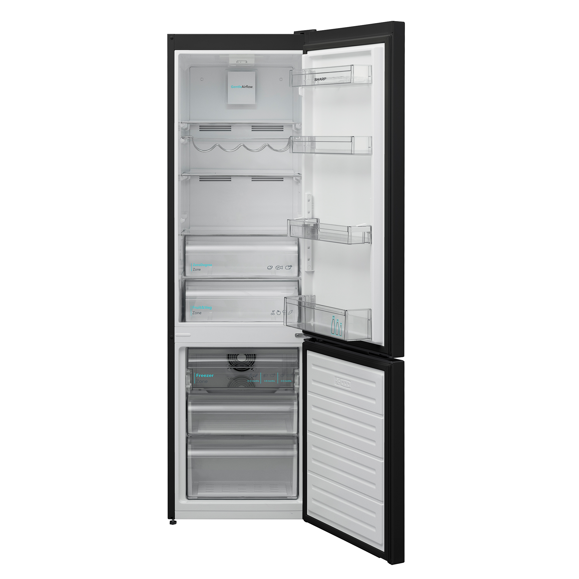 Otwarta czarna lodówka. Widoczne półki, szuflady i zawartość.