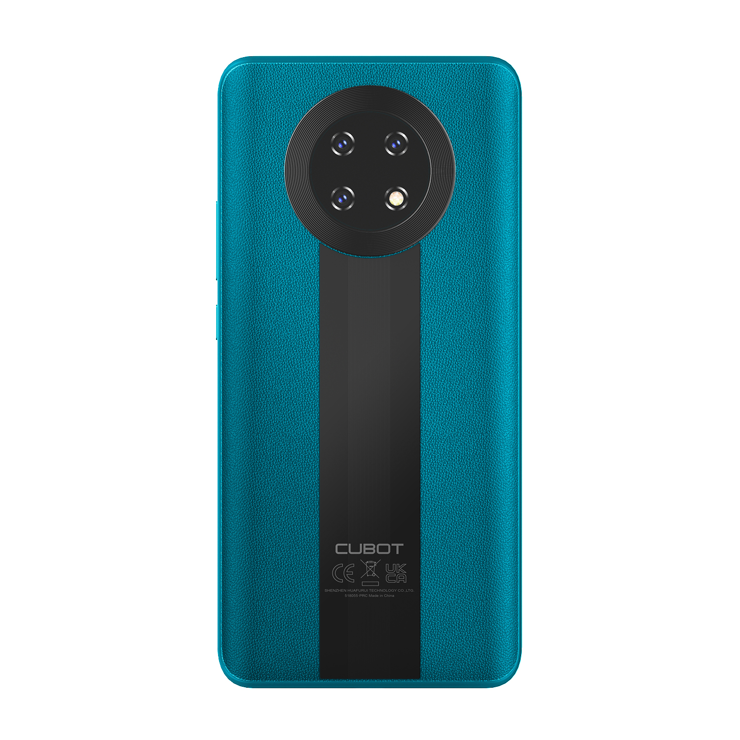 Smartphone azul con una franja negra en el medio en la parte posterior. Tiene una matriz de cámara y la marca.