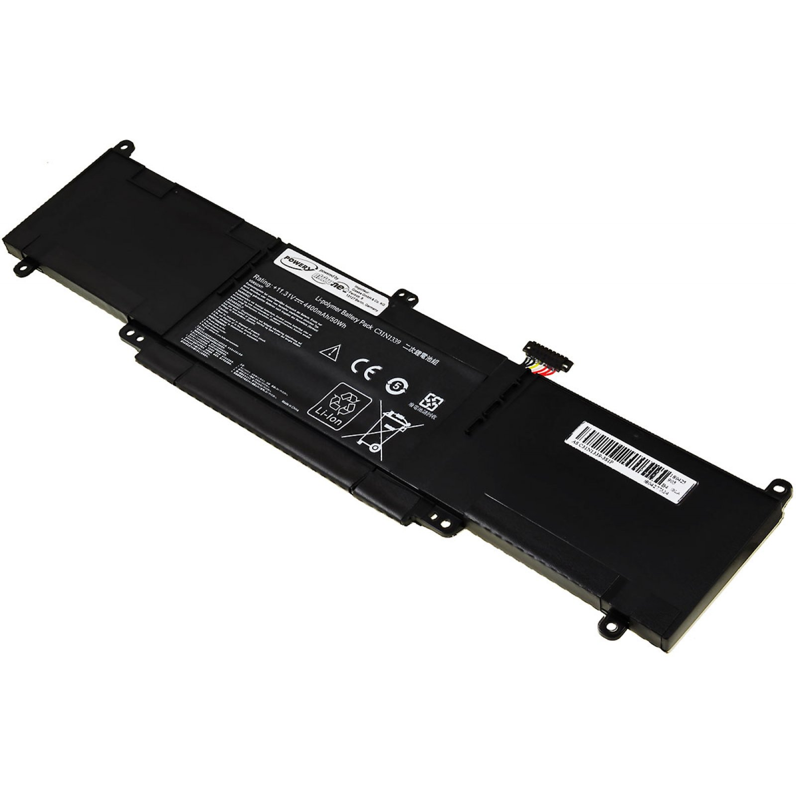 Batería de portátil. Forma rectangular negra. Varias etiquetas con texto y símbolos.