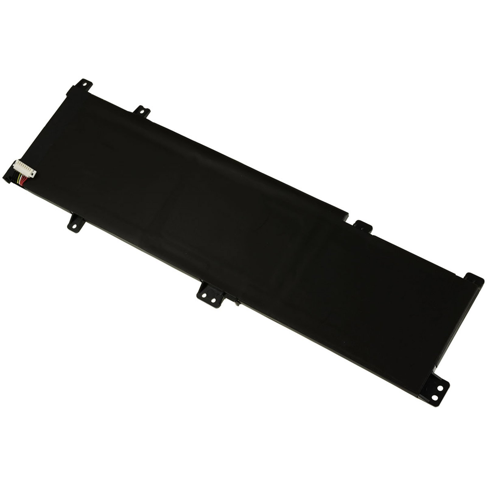 Una batería de portátil negra. Es rectangular con conectores y puntos de montaje.