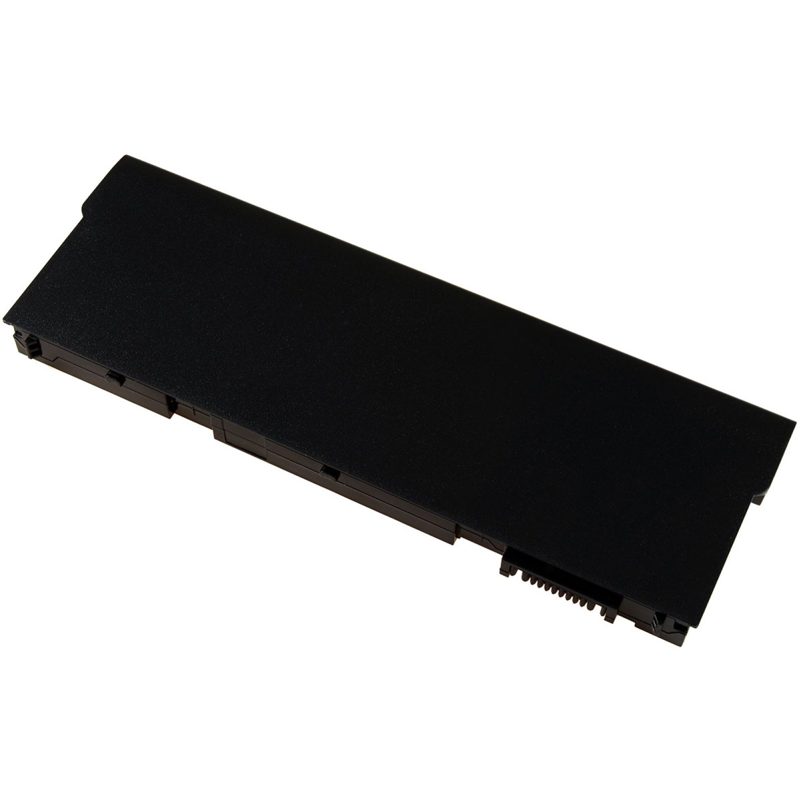 Batería negra de portátil, vista superior. La batería es rectangular con conectores en un lado.