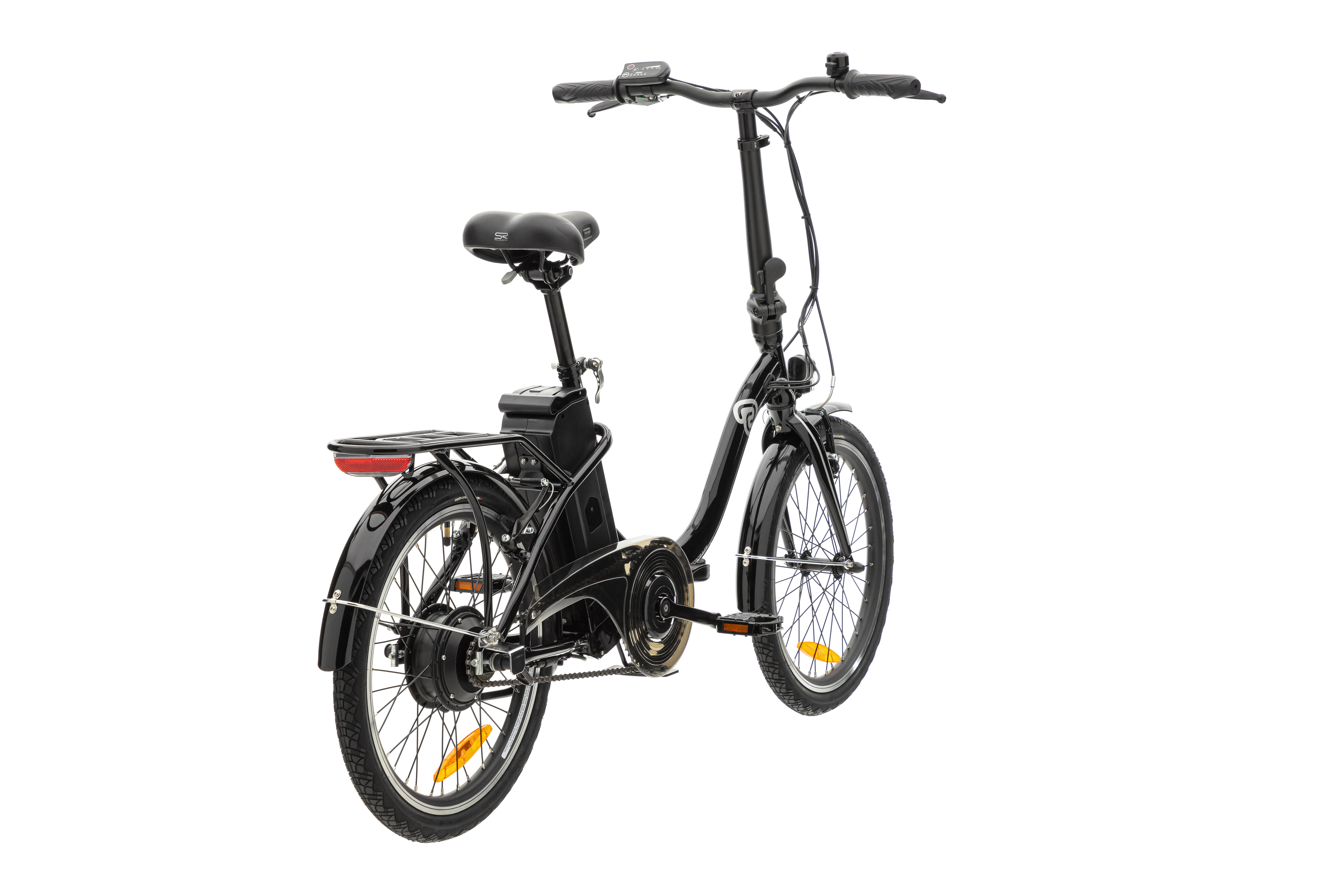 Schwarzes Elektro-Klappfahrrad, weißer Hintergrund.
