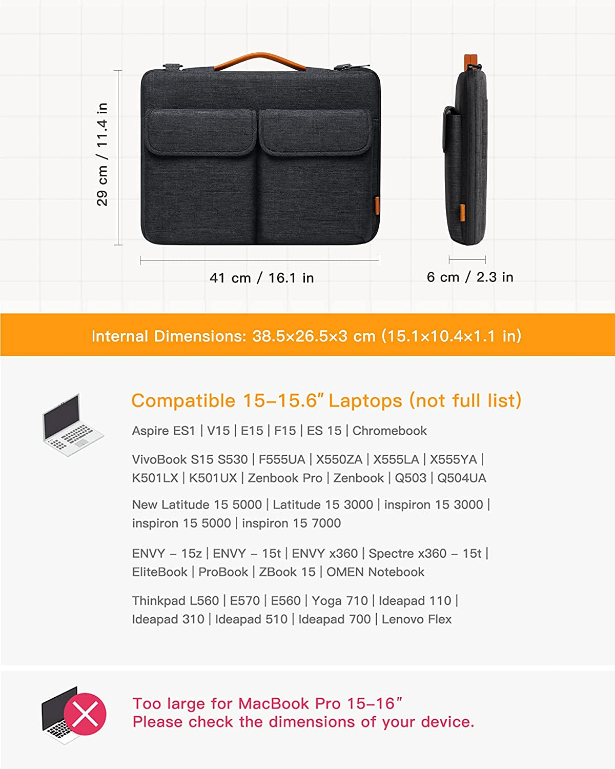 Eine schwarze Laptop-Hülle mit angegebenen Innenmaßen. Es zeigt einen Laptop und Text über Kompatibilität und Abmessungen.