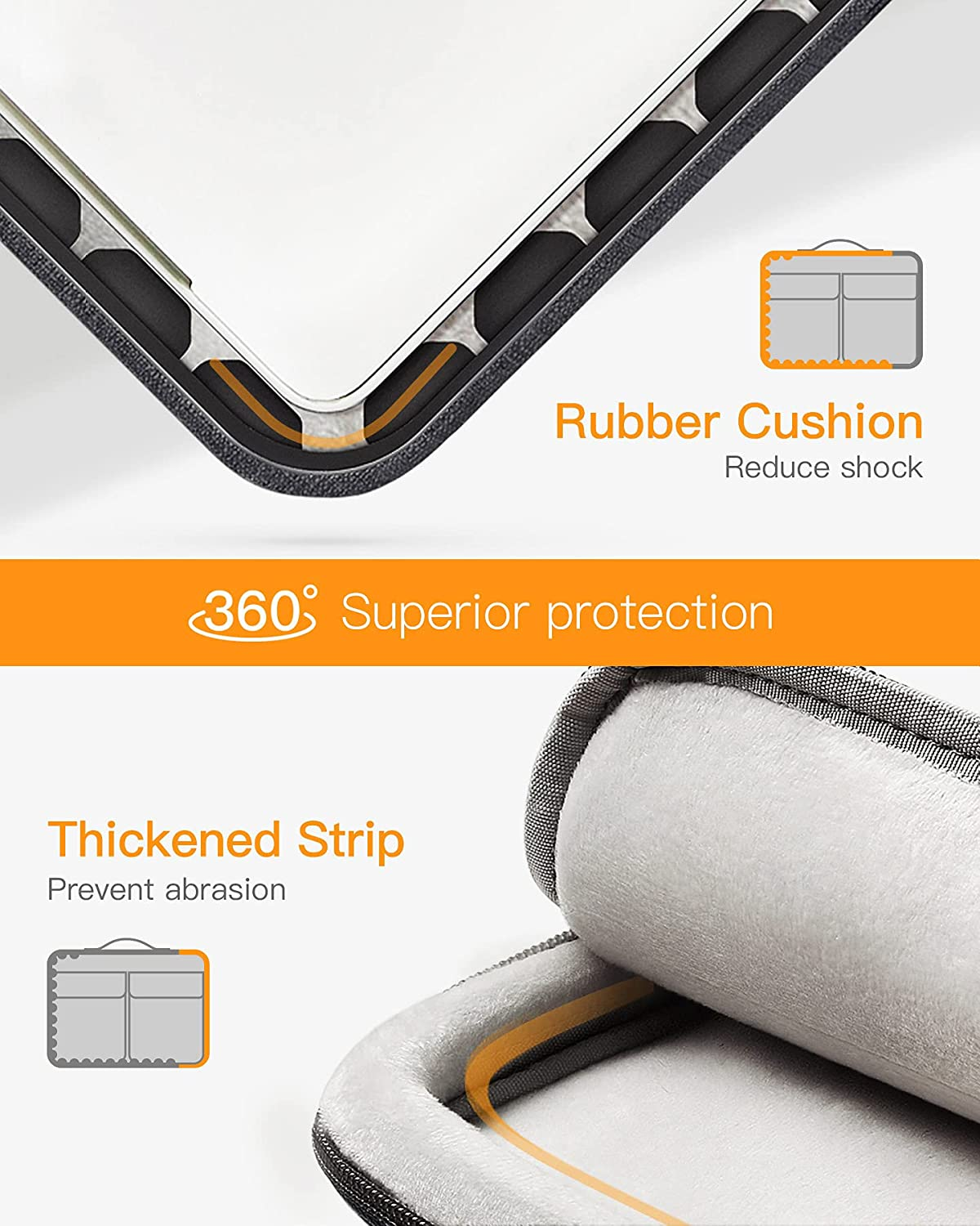 Detail der Laptoptasche, orangefarbener Text. Oben ist eine Ecke eines Laptops mit Polsterung zu sehen.