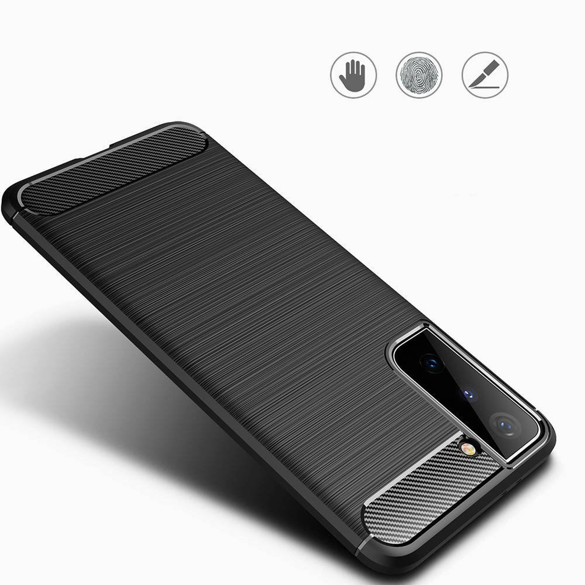 Schwarze Handyhülle mit strukturiertem Design, schräge Ansicht, mit sichtbarer Handykamera.