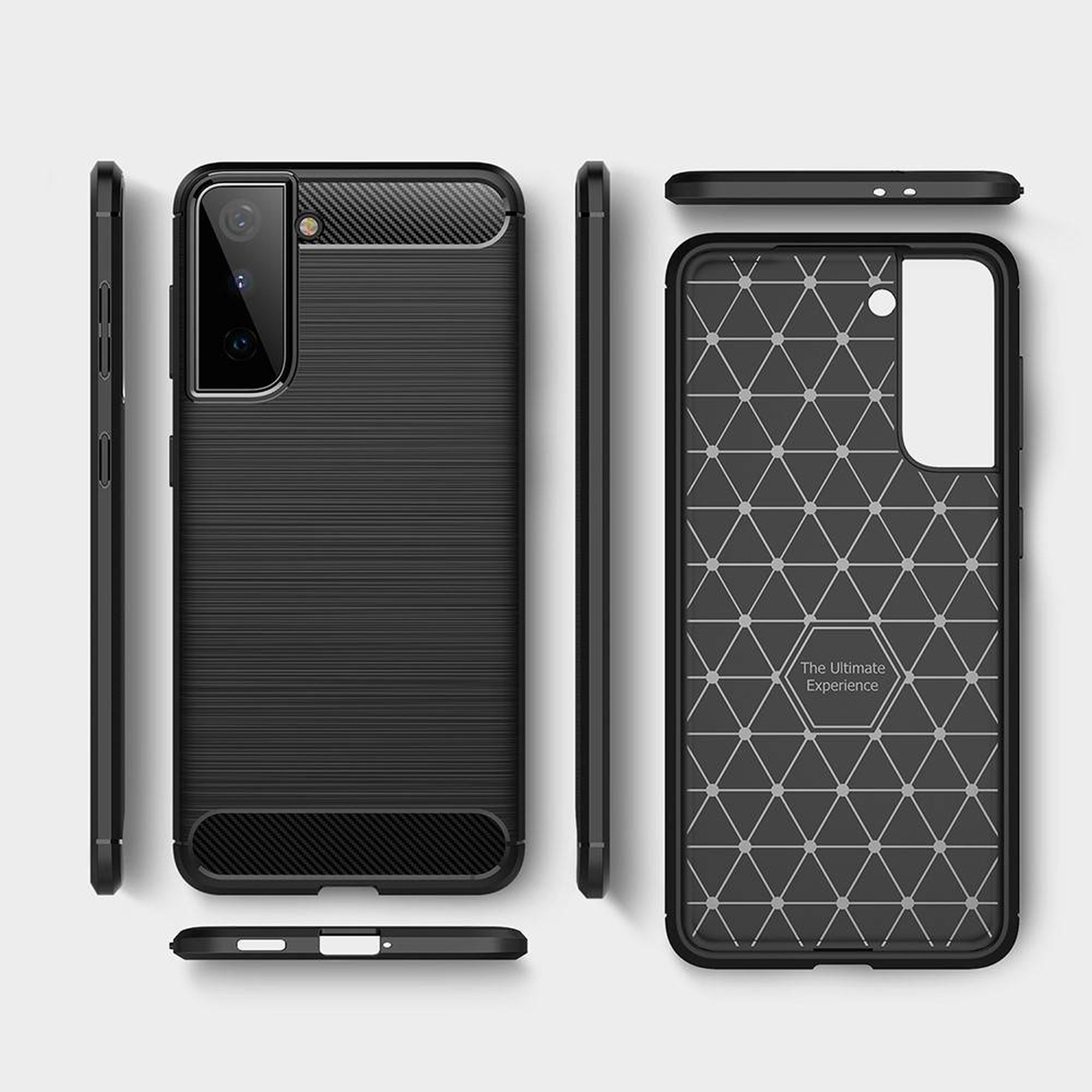 Schwarze Handyhülle mit strukturiertem Design. Mehrere Ansichten.