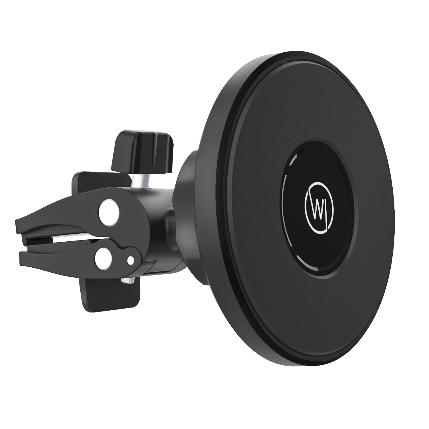 Schwarzer magnetischer Autotelefonhalter. Verstellbarer Arm und Telefonhalterung. Weißer Hintergrund.