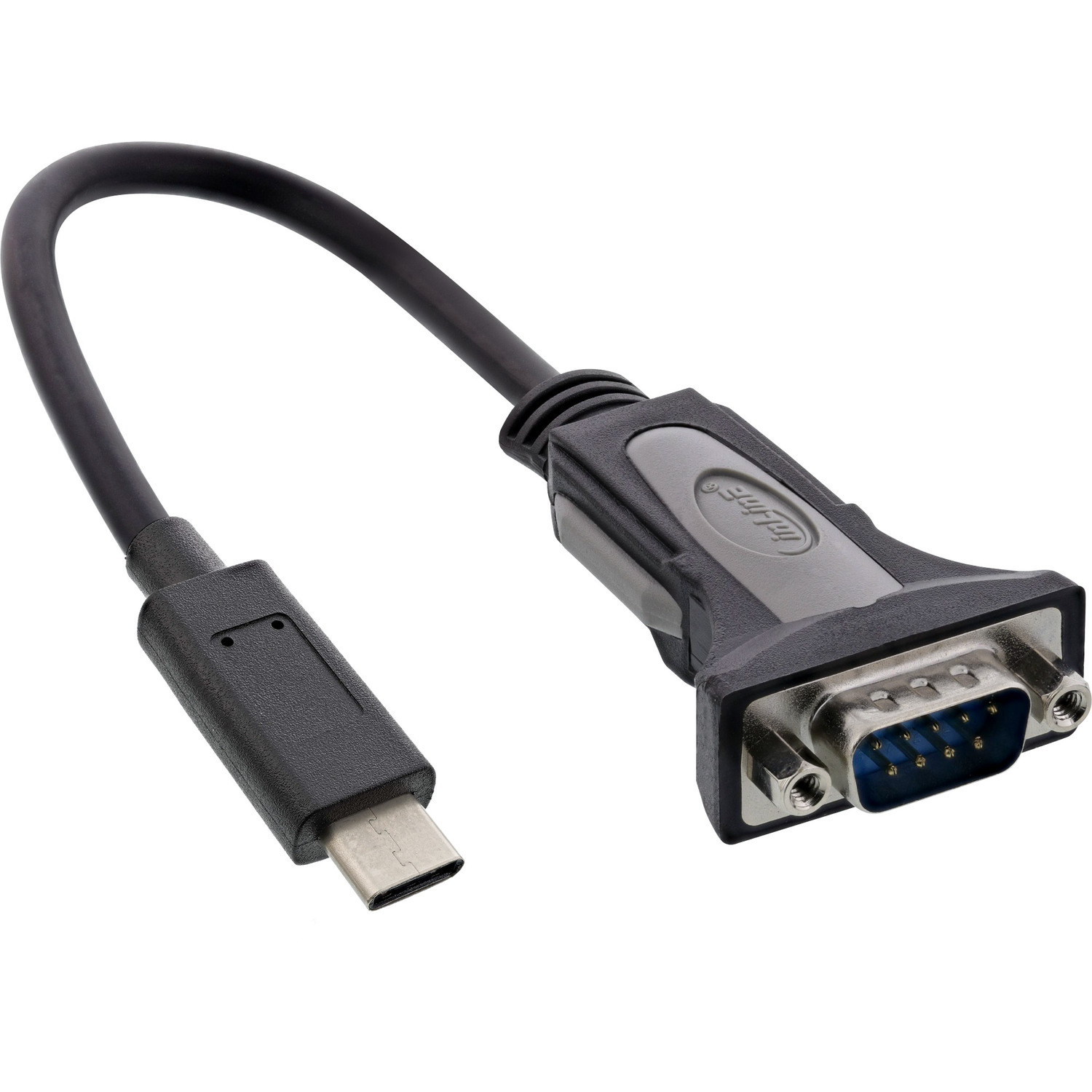 Cavo nero USB-C a seriale. USB-C a sinistra, porta seriale a destra.