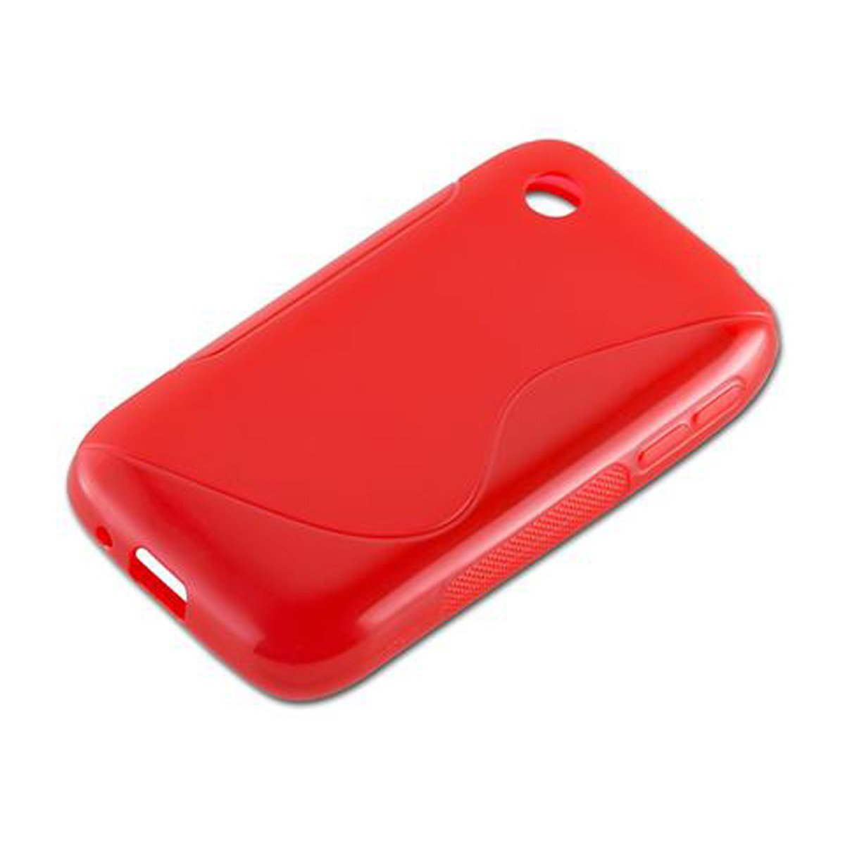 Custodia rossa per telefono su sfondo bianco, design curvo e fori.