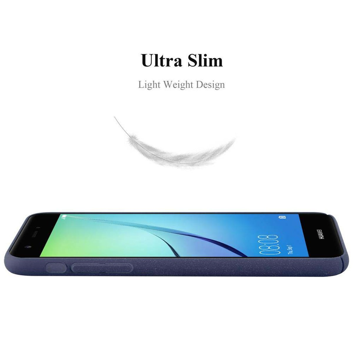 Telefono blu, vista laterale, con testo sopra e grafica di una piuma. Sfondo bianco.
