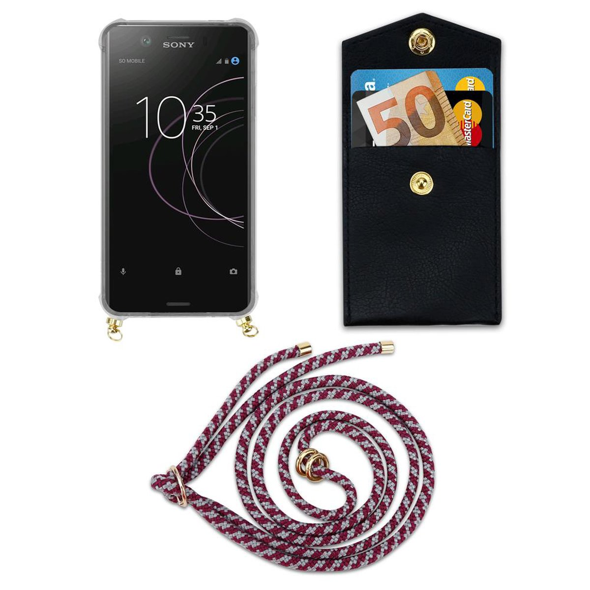 Gold Sony, CADORABO Kordel Backcover, Handy abnehmbarer Band WEIß Kette XZ1, Xperia Ringen, ROT mit Hülle, und