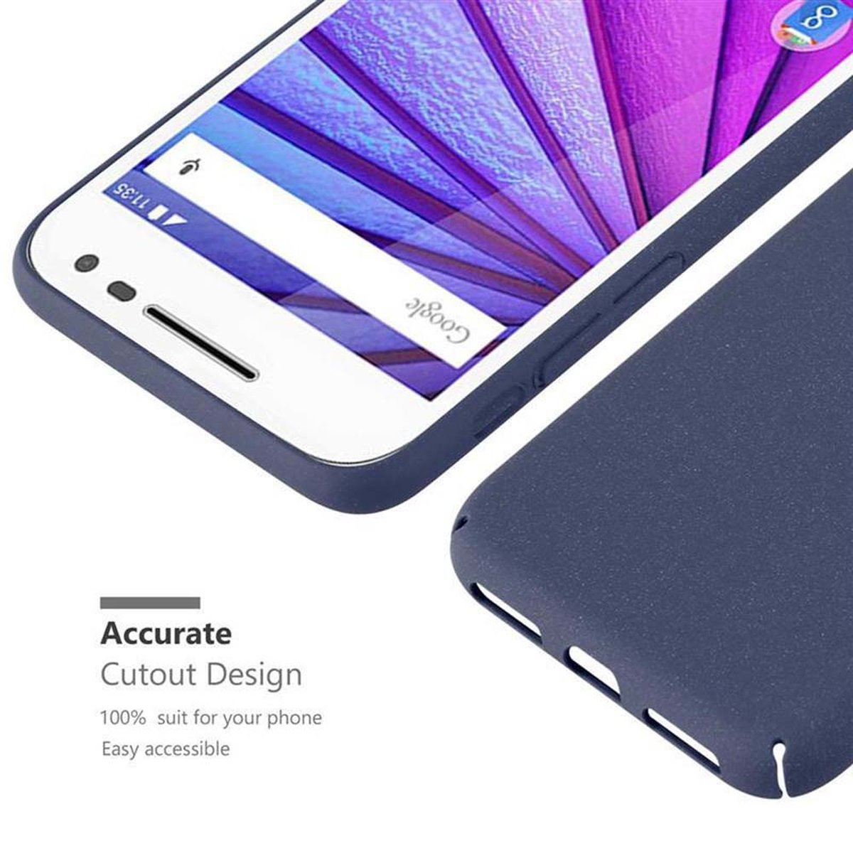 Uno smartphone bianco su una cover blu scuro, con le parole 'Accurate' e 'Cutout Design' sotto.