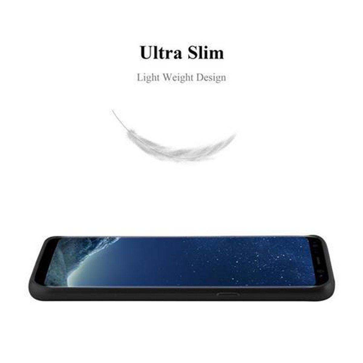 Telefono con una grafica a piuma. Testo: Ultra Slim, Light Weight Design. Sfondo bianco.