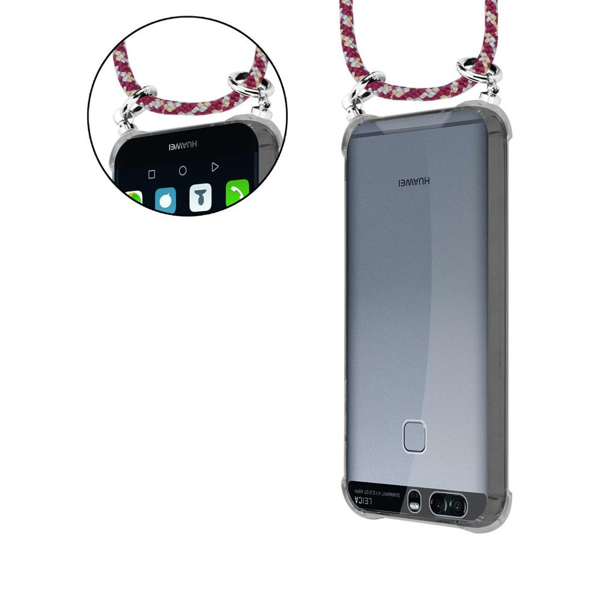 CADORABO Handy Kette mit Silber Hülle, Huawei, Band abnehmbarer GELB Ringen, Backcover, Kordel P9, WEIß ROT und