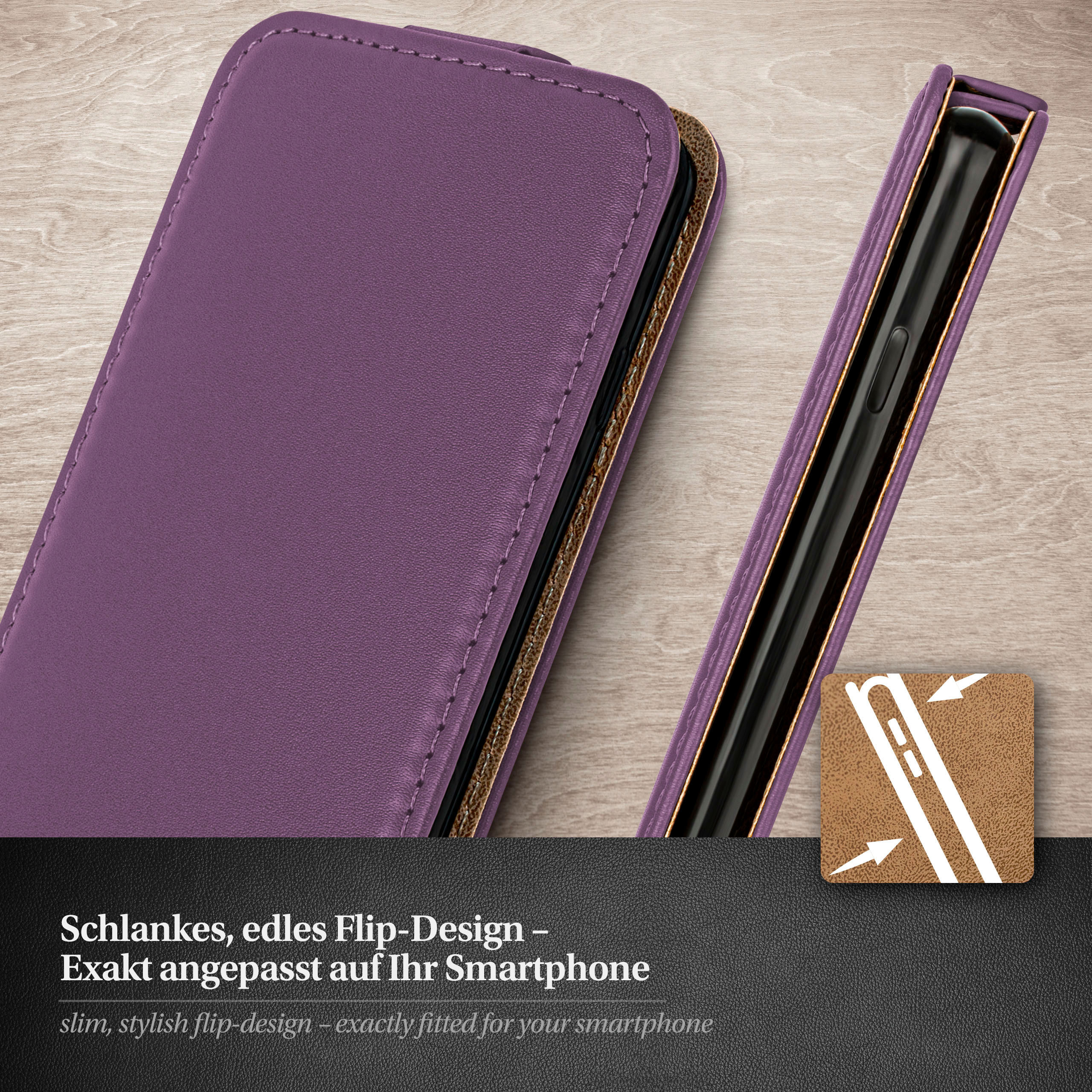 Eine lila Handyhülle geöffnet, zeigt das Innere und ein teilweise eingelegtes Handy, auf Holzoberfläche.