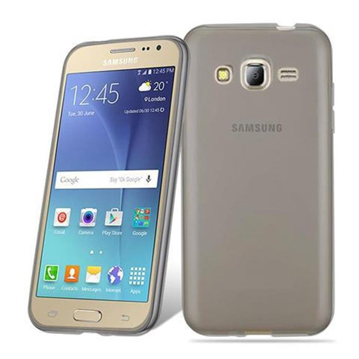Un telefono Samsung color oro con custodia.