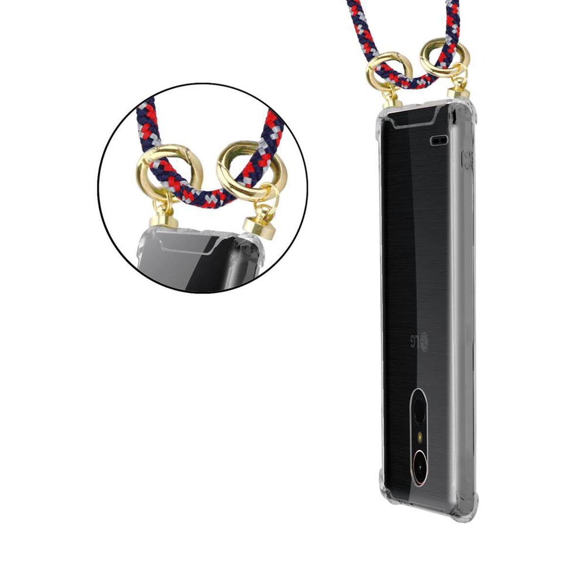 Telefon in Hülle mit Lanyard. Lanyard ist blau und rot. Goldfarbene Ringe.