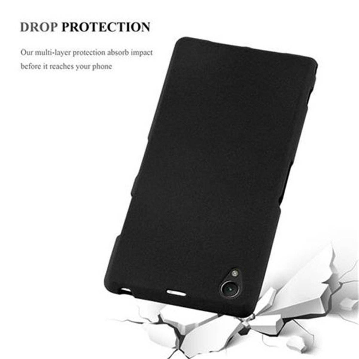 Funda de teléfono negra sobre fondo blanco con texto de protección contra caídas.