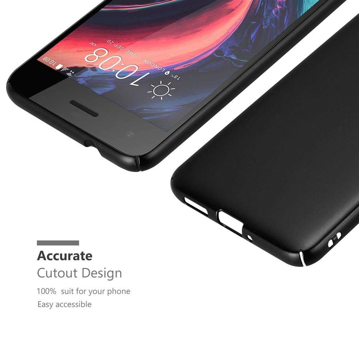 Un telefono e una custodia neri. 'Accurate Cutout Design' e 'Easy accessible' sono scritti nell'immagine.