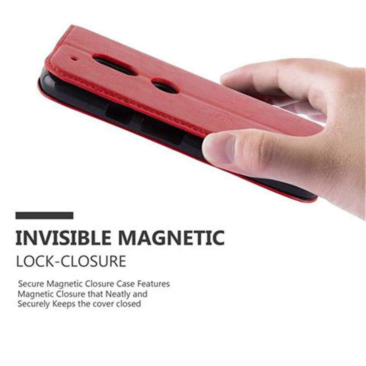 Funda de teléfono roja en la mano, abierta. Cuenta con un sistema de cierre magnético invisible.