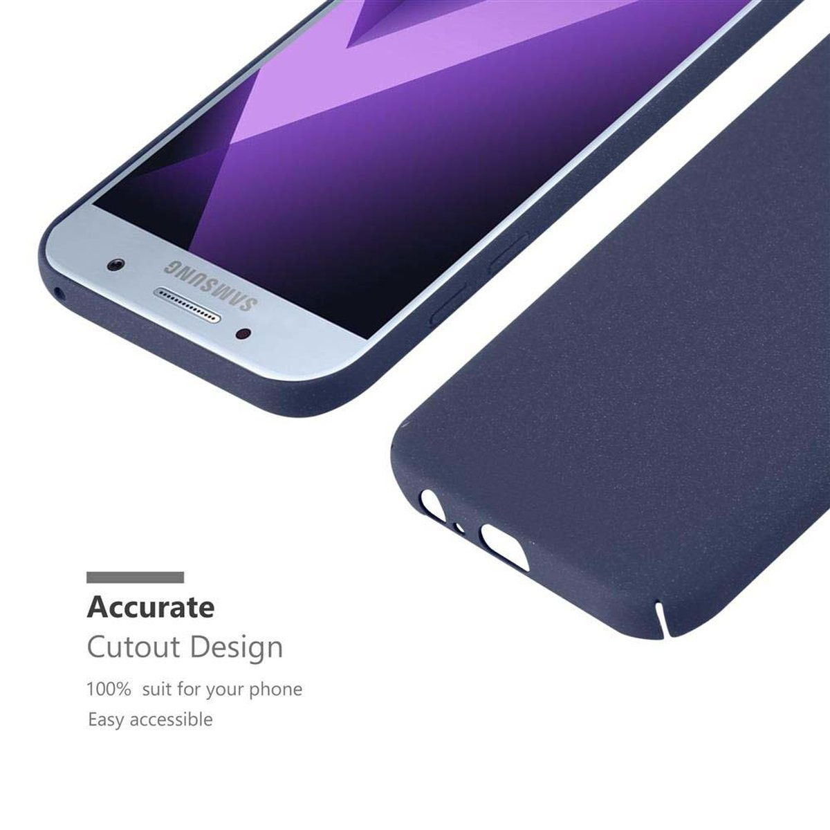 Ein Telefon in einer dunkelblauen Hülle. Text: Präzises Ausschnittdesign. Das Telefon ist silberfarben.