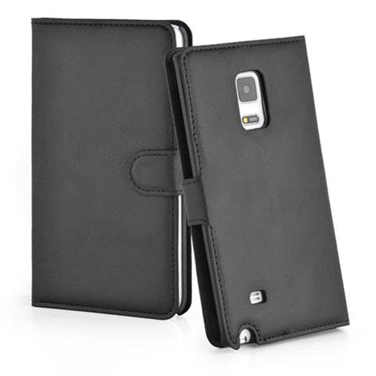 Una custodia per telefono in pelle nera con chiusura magnetica. La custodia è aperta, mostrando il telefono.