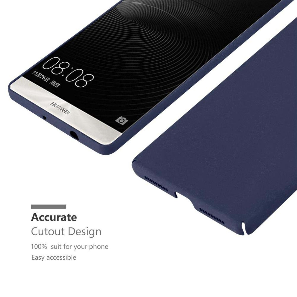 Eine marineblaue Handyhülle mit einem Telefon darin. Der Bildschirm des Telefons ist sichtbar.