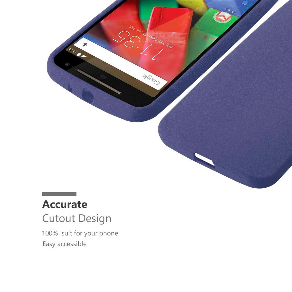 Una funda de teléfono morada con una pantalla que muestra la hora.