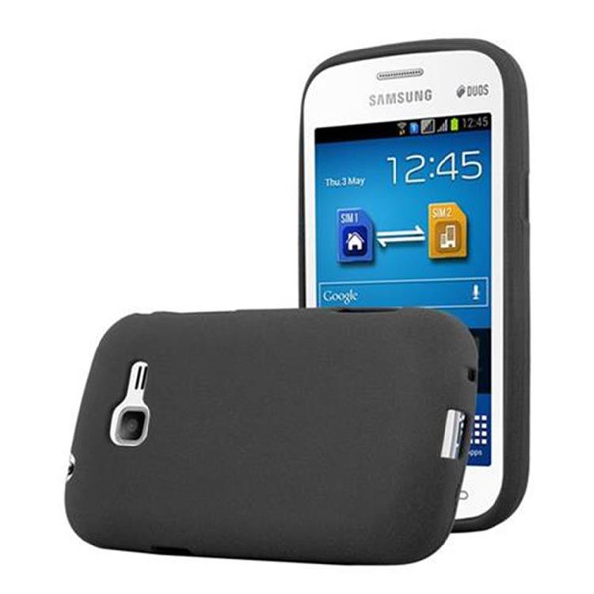 Smartphone blanco y negro con una funda negra. Fondo blanco.