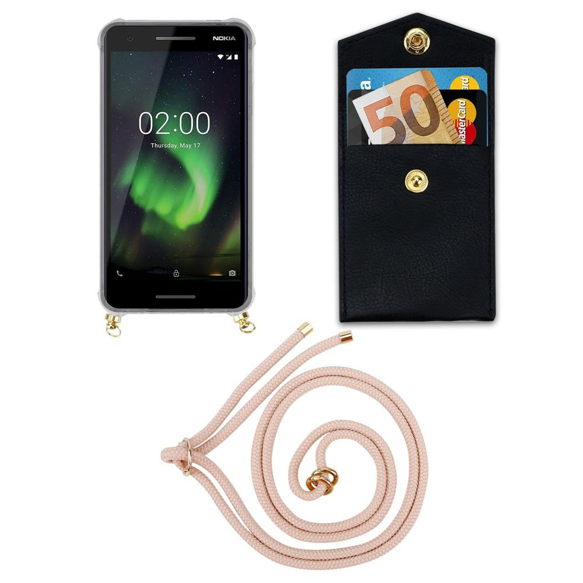 CADORABO Handy Nokia, Hülle, abnehmbarer Ringen, Kette Kordel PERLIG ROSÉGOLD Backcover, 2.1, Band Gold und mit