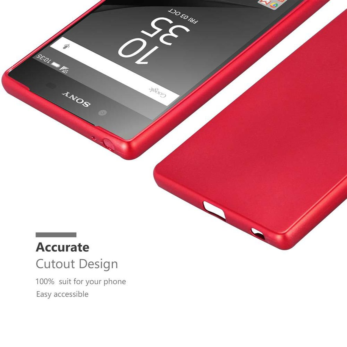 Una custodia rossa per telefono con un telefono rosso. La custodia è aperta, il telefono è dentro.