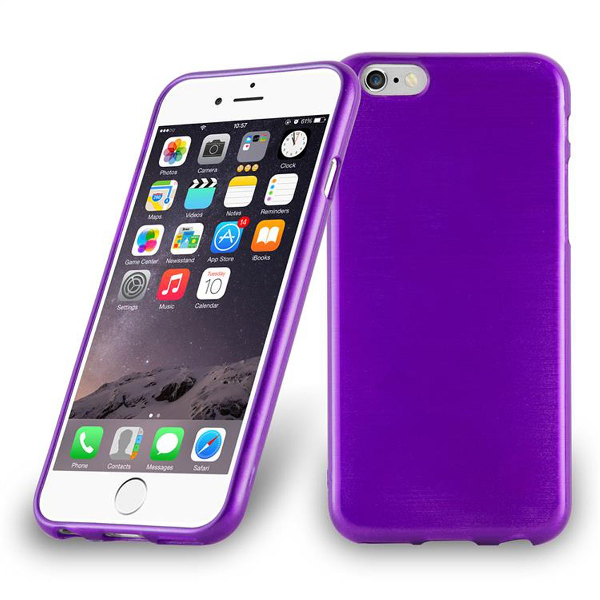 Funda morada para teléfono. Un teléfono inteligente está en una funda morada. La funda está de pie.
