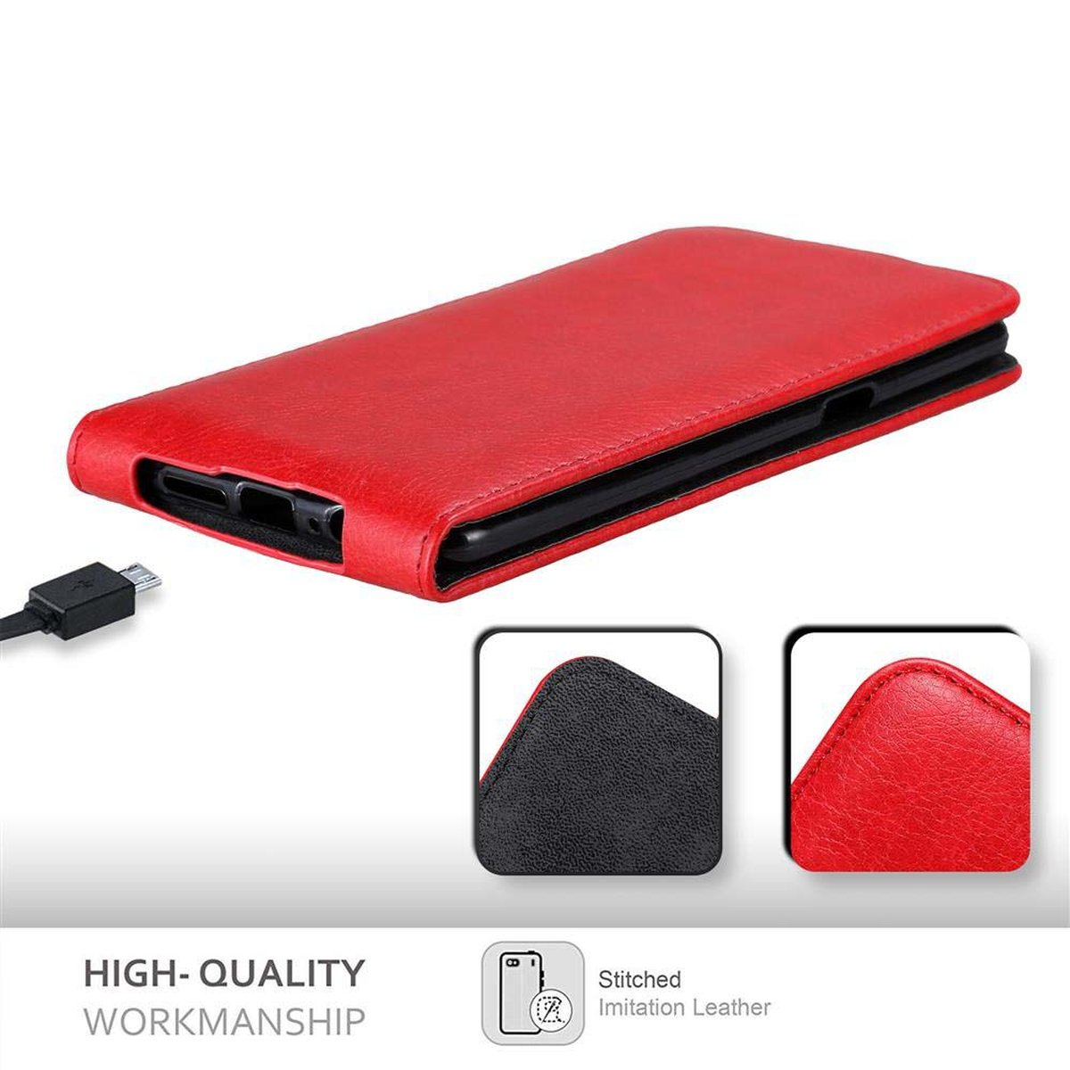 Rote Handyhülle mit Telefon und USB-Kabel. Zwei kleine Detailbilder.
