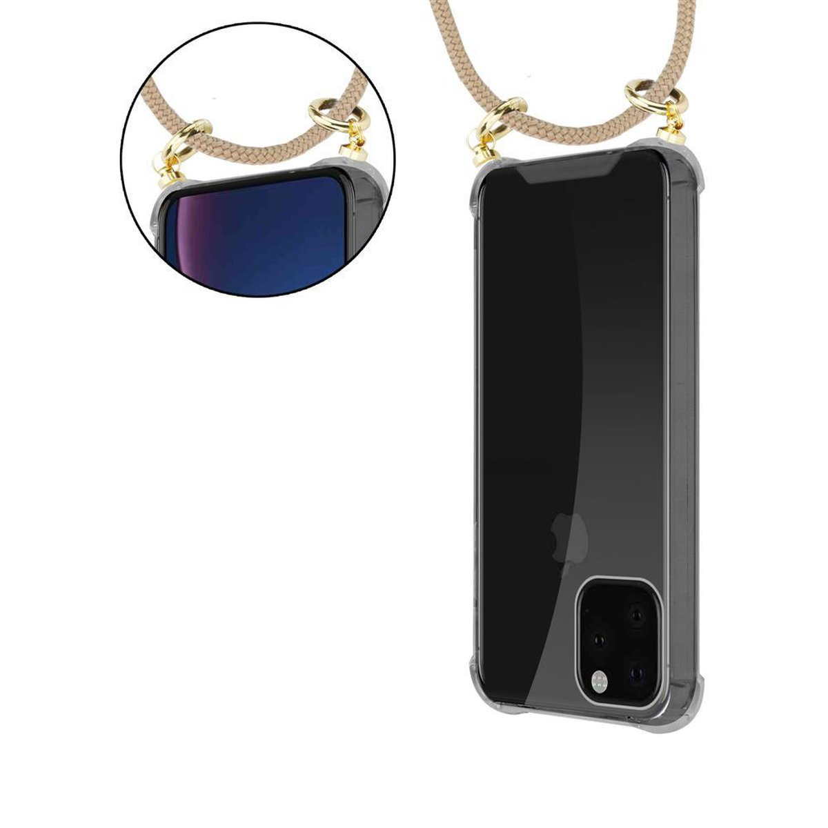 Kette mit abnehmbarer Kordel Band Ringen, iPhone Backcover, GLÄNZEND BRAUN und 11 Hülle, PRO Handy Gold CADORABO MAX, Apple,