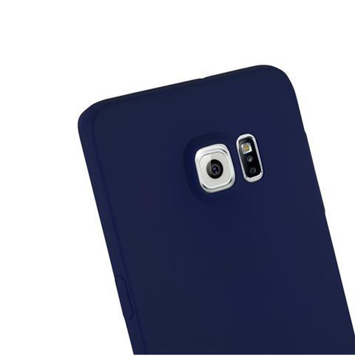 Una custodia per telefono blu scuro con un obiettivo della fotocamera.