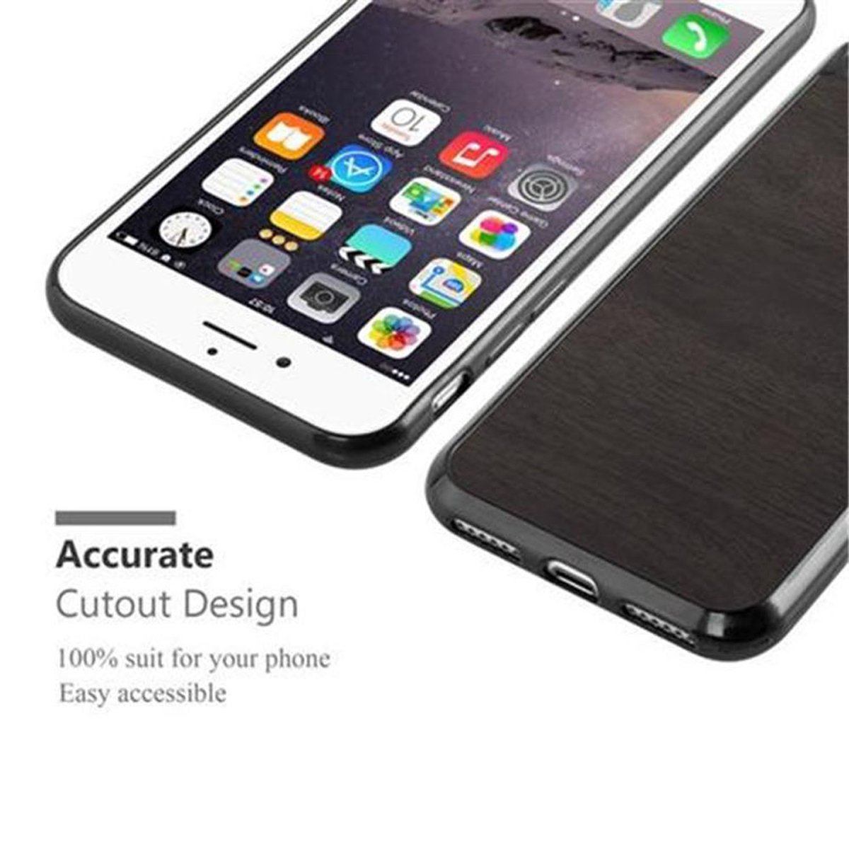 Due smartphone. Uno bianco, con app. L'altro nero, in custodia effetto legno.