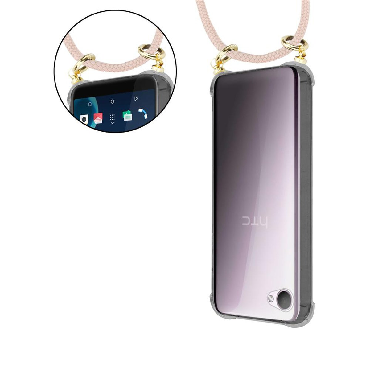 Ein Telefon in einer durchsichtigen Hülle mit pinkfarbenem Nackengurt, zeigt Rück- und Vorderseite.