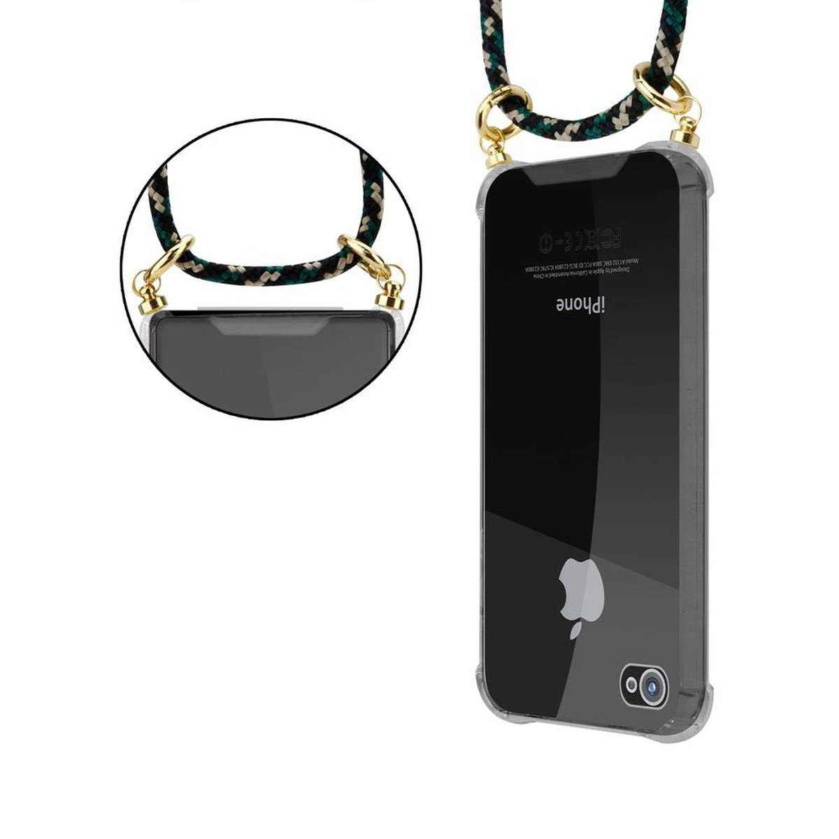CAMOUFLAGE Kette iPhone Backcover, Band Handy / Kordel mit 4S, und 4 abnehmbarer Ringen, Apple, Hülle, Gold CADORABO