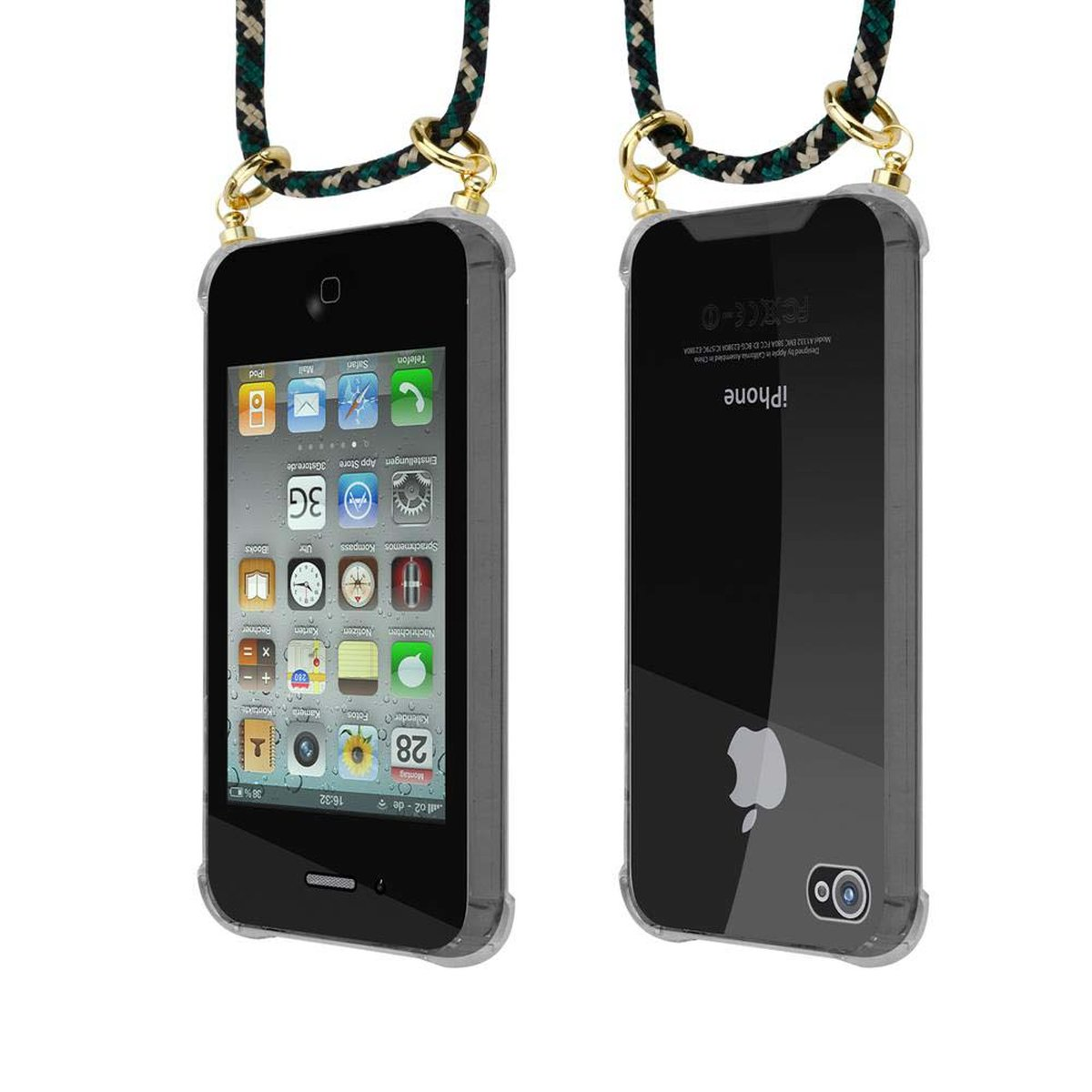 CAMOUFLAGE Kette iPhone Backcover, Band Handy / Kordel mit 4S, und 4 abnehmbarer Ringen, Apple, Hülle, Gold CADORABO