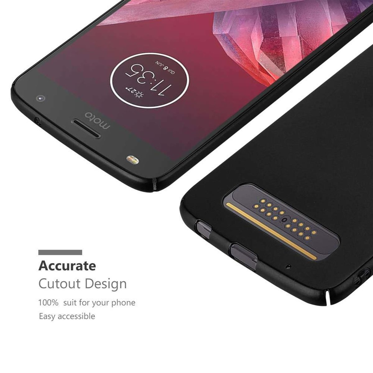 Un telefono nero e una custodia nera con un design ritagliato, su sfondo bianco.