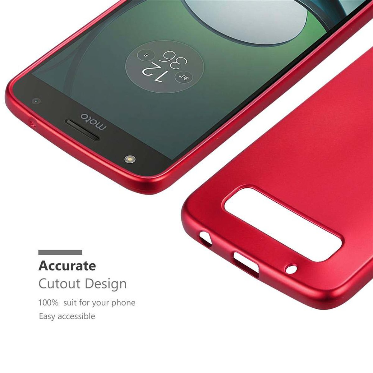 Custodia per telefono rossa con un telefono all'interno. Il testo sull'immagine dice: Design preciso del ritaglio.