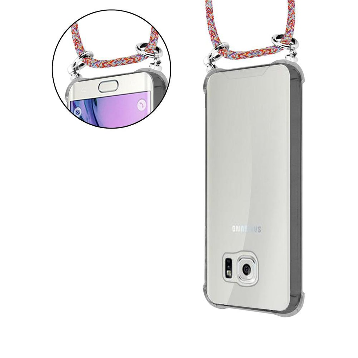 CADORABO Handy Kette mit Silber Samsung, COLORFUL Hülle, S6, und Ringen, Backcover, abnehmbarer Band PARROT Galaxy Kordel